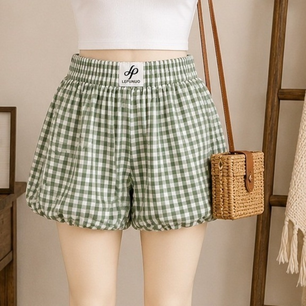 Lepunuo Womens Bubble Shorts Green Gingham Check Puffy Coquette Small